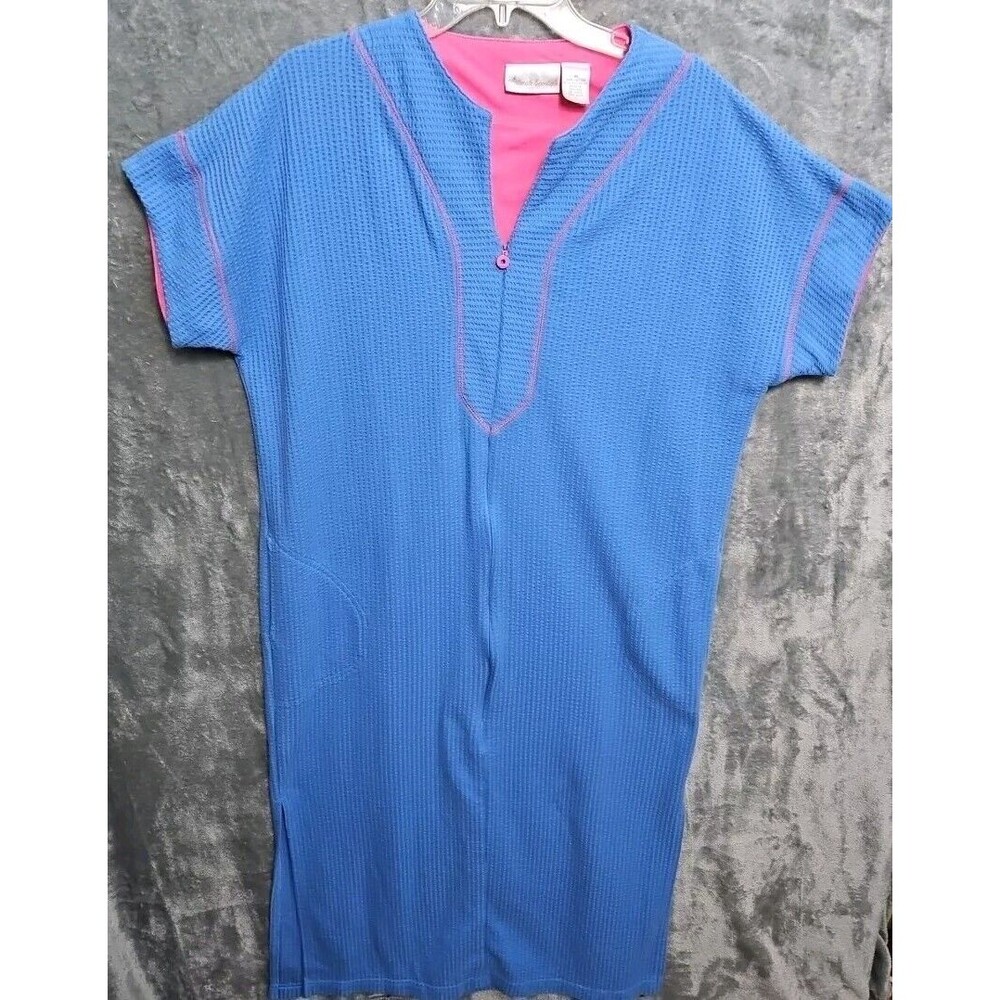 Intimate Essentials Women's Med Blue 1/2 Zip Short Sleeve Long Robe Side Slits
